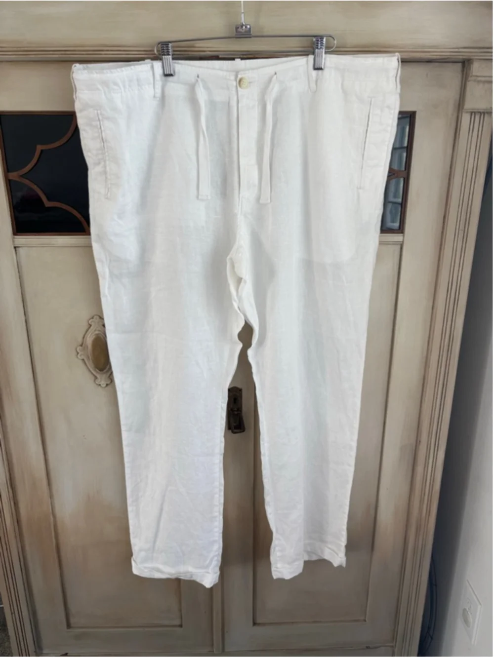 EUC Perry Ellis Mens 100% Linen Bright White Cuffed 40x30 Pants